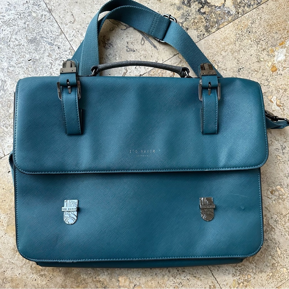 TED BAKER Spies Cross-grain Leather Satchel In Teal - Picture 15 of 16